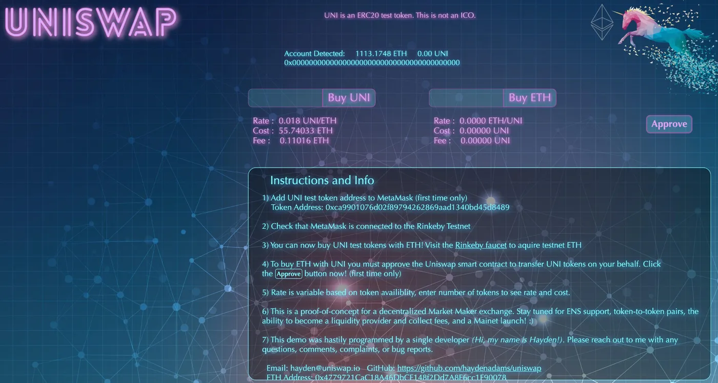 the original uniswap website, 2018